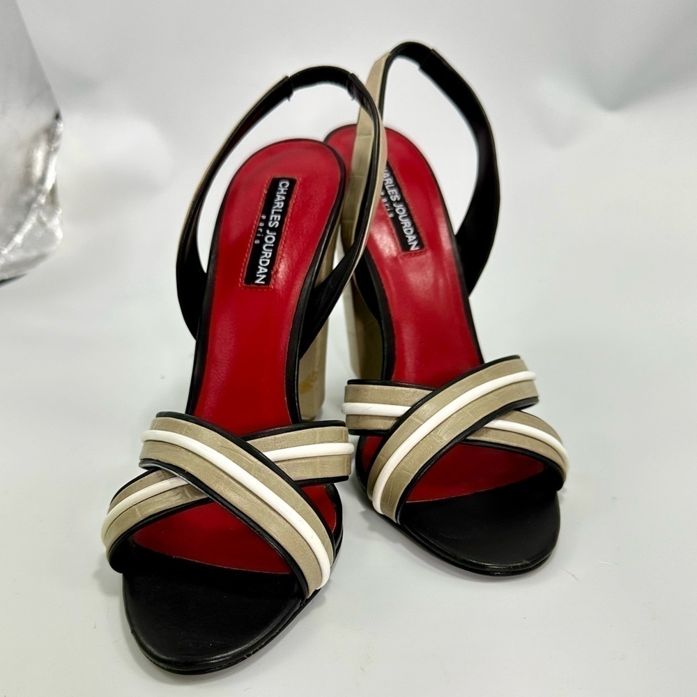 Charles Jourdan Paris tan slingback chunky heel size 9